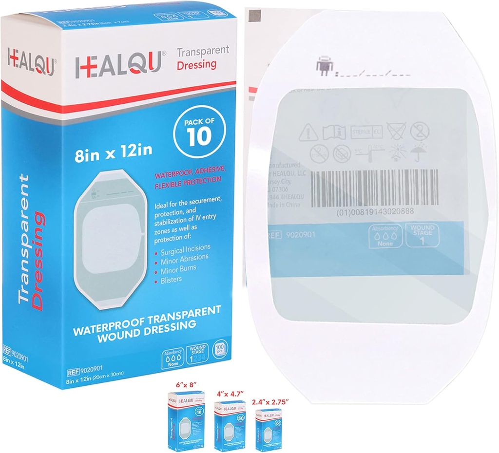 Saçma 8" x 12" (10 Pack) - Sub-Surgical Duş için Yapıştırıcı Yaraları, IV Shield, Aftercare, Clear Breathable Dressing Patches by HEALQU
