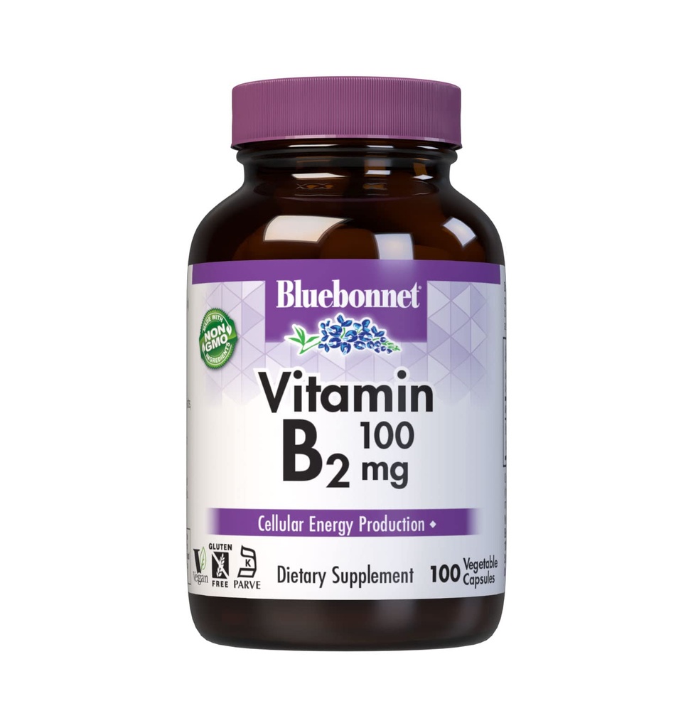 Διατροφή Bluebonnet Βιταμίνη B2 100 mg, για την υγεία του καρδιαγγειακού και νευρικού συστήματος, χωρίς σόγια, χωρίς γλουτένη, Kosher Certified, χωρίς γαλακτοκομικά, Vegan, μη ΓΤΟ, 100 κάψουλες λαχανικών, 100 σερβιρίσματα