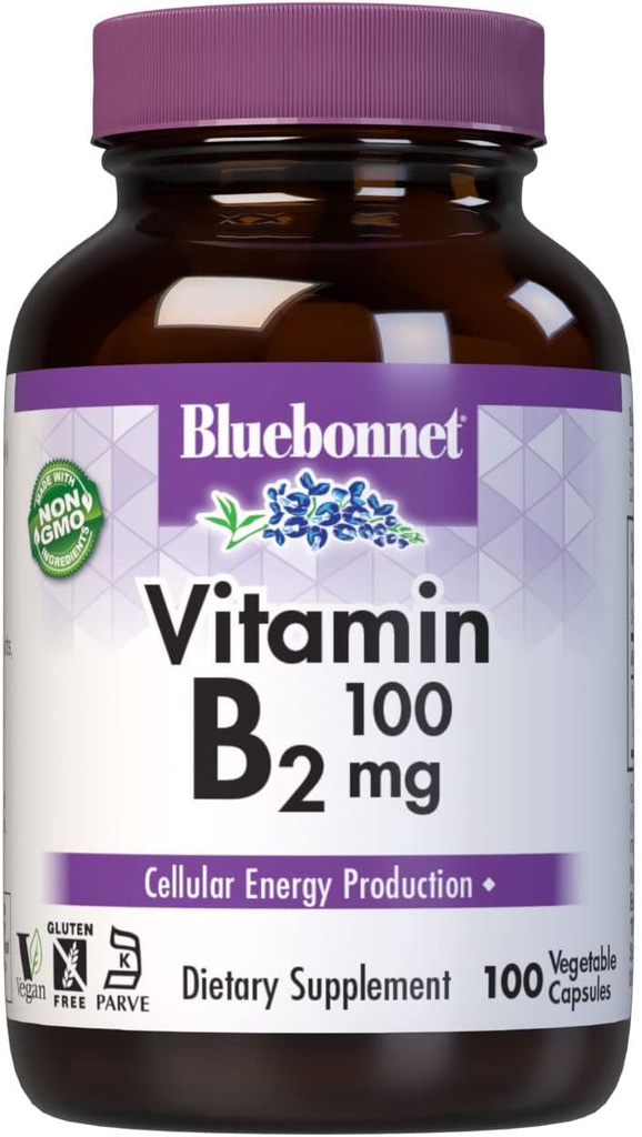 Bluebonnet Beslenme Vitamini B2 100 mg, For Cardiovascular and Nervous System Health, Soy-Free, Gluten-Free, Kosher Sertifikalı, Sütsiz, Vegan, Non-GMO, 100 Sebze Kapsülleri, 100 Hizmet