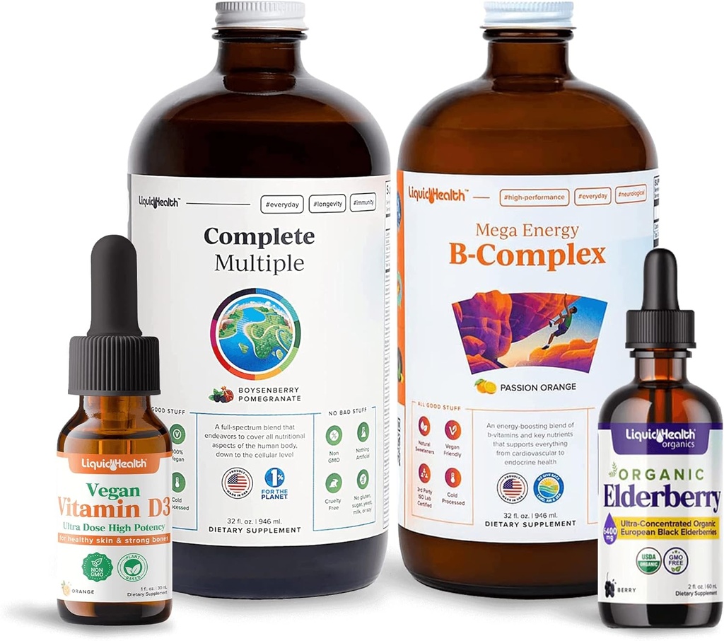 LIQUIDHEALTH Ultimate Immunity & Energy Liquid Vitamin Sche for Yetişkinler için Complete Multivitamin, Enerji Desteği B-Complex Supplement, Vegan Vitamin D3 Drops, Organik Kayık Ayaklar - GMOMO