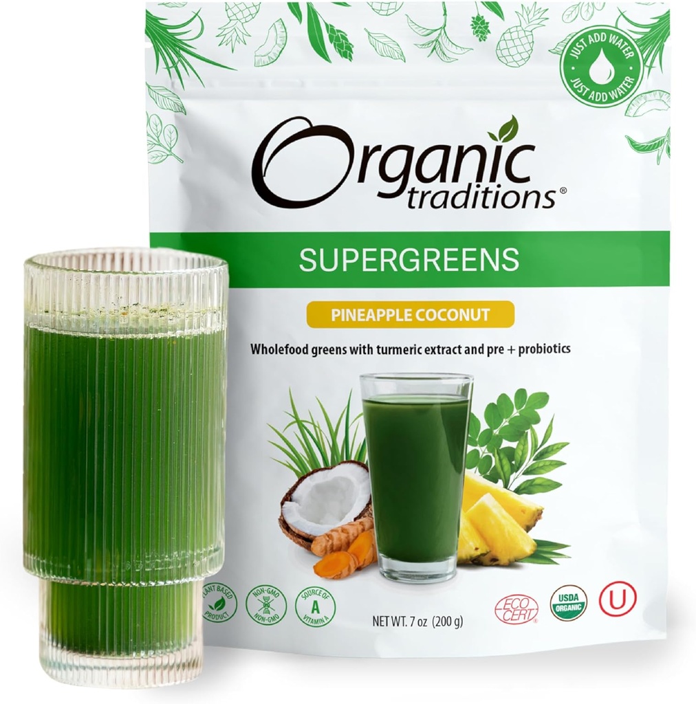 Organik Gelenekler Super Greens Toz Superfood with Turmeric, Pineapple Coconut Flavored Organik Yeşiller Superfood Toz, 200g / 7oz Bag