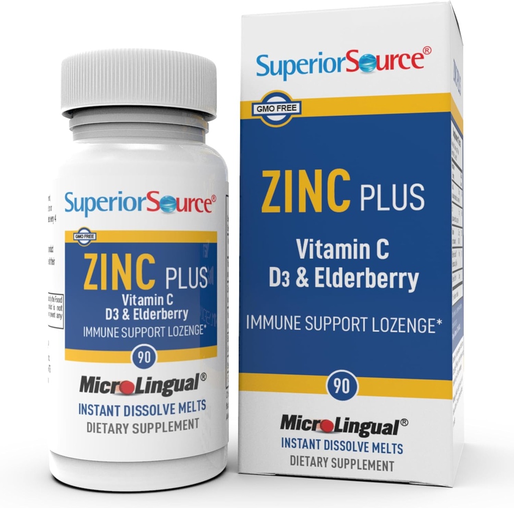 Superior Source Zinc Plus - Συμπλήρωμα υποστήριξης για την υγεία του ανοσοποιητικού συστήματος - Βιταμίνη C, Elderberry & Vitamin D3-90 Άμεσα Tabletισκία Διάλυσης