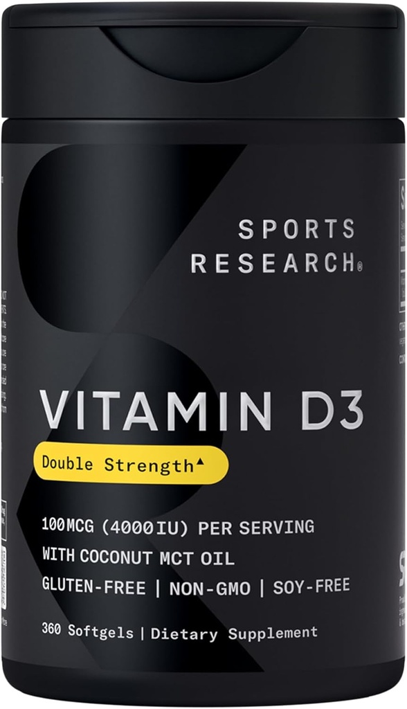 Sports Research® Vitamin D3 4000 IU with Coconut MCT Oil - Double Strength Vitamin D Supplement - Gluten Free · Non-GMO · Soy Free - Count 360 Softgels