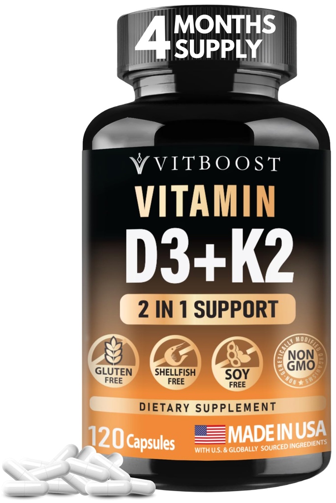 VITBOOST Vitamin D3 K2 Complex - Εύκολο στην κατάποση - Βιταμίνη D (D3) 5000 IU (125 mcg) & K2(MK-7) 90 mcg 