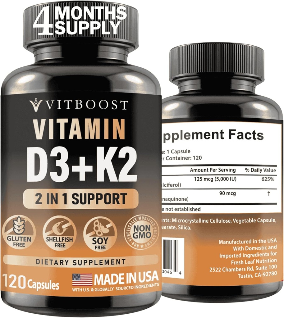 Vitamin D3 K2 Complex - Easy to Swallow - Vitamin D (D3) 5000 IU (125 mcg) & K2(MK-7) 90 mcg | Non-GMO | Gluten-Free | USA Made | 120 Capsules