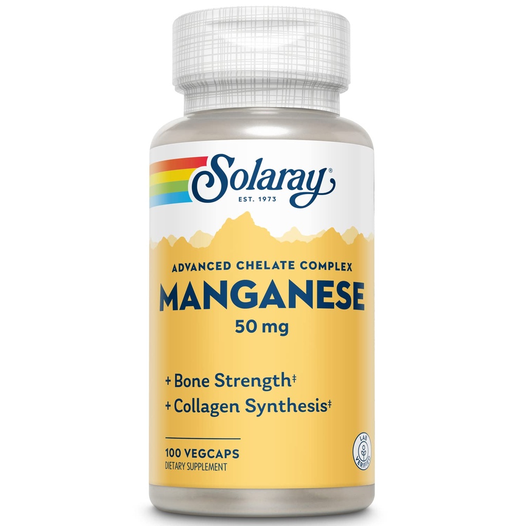 SOLARAY Manganese Supplement 50 mg - Essential Trace Mineralleri - Bone Strength and Bone Health Support - Lab TY, 60-Day Garanti, 100 Hizmet, 100 VegCaps