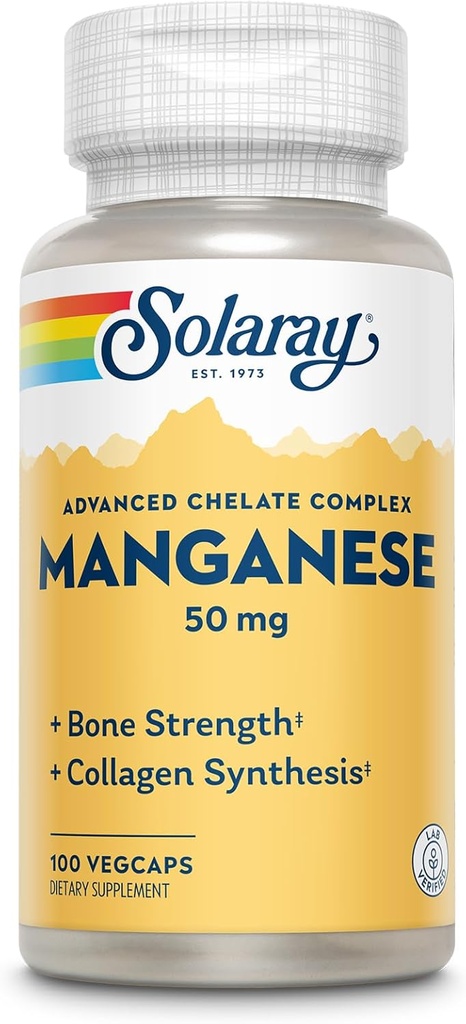 SOLARAY Manganese Supplement 50 mg - Essential Trace Minerals - Advanced Trace Mineral Supplements for Bone Strength and Bone Health Support - Lab Επαληθευμένο, 60-Day Εγγύηση, 100 Υπηρεσίες, 100 VegCaps