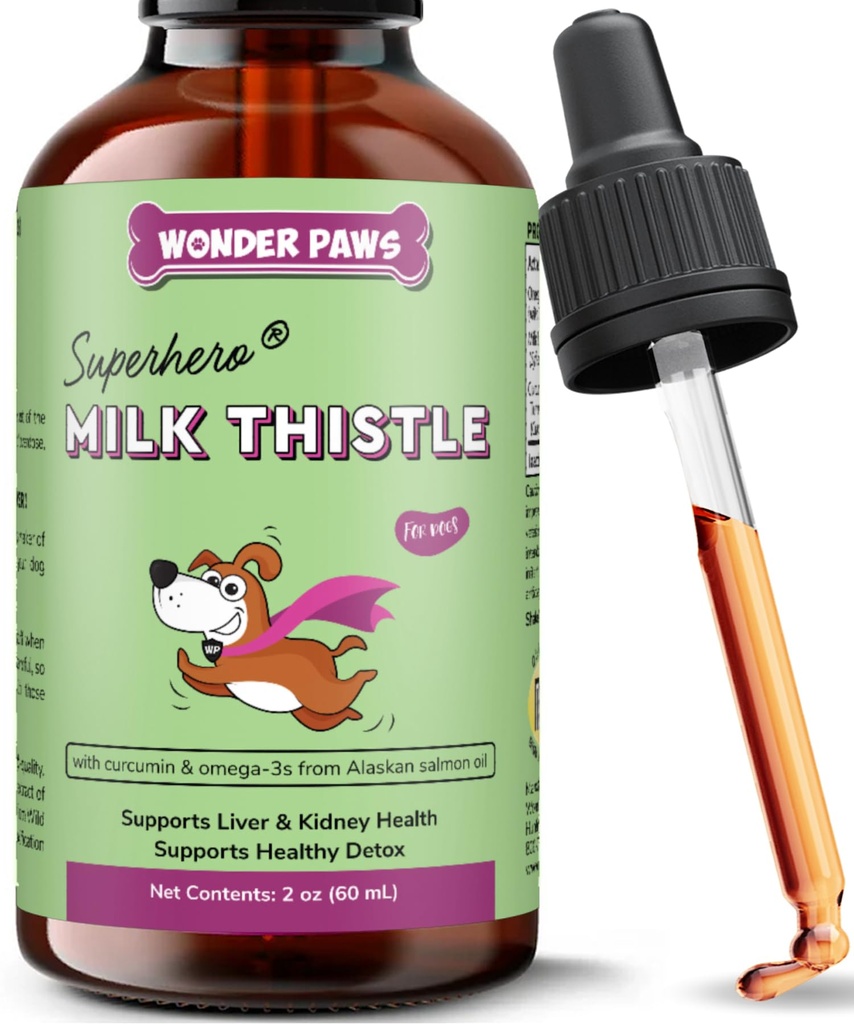 Wonder Paws Milk Thistle, Liver Support for Dogs, Supports Kidney Function for Pets, Detox, Hepatik Destek, Wild Alaskan Salmon Oil & Curcumin, Omega 3 EPA & DHA (2 Oz)