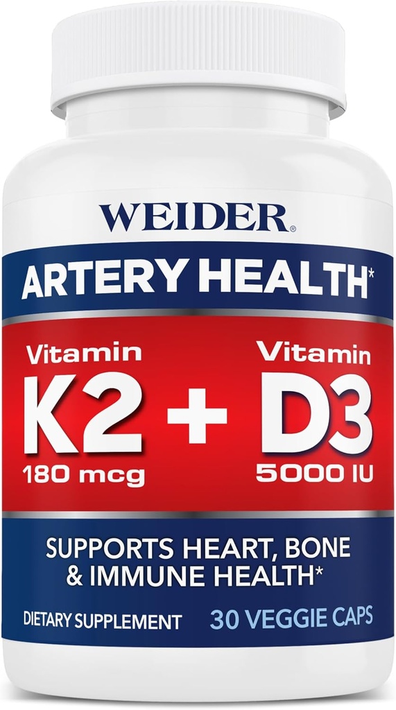 Weider Artery Health for Heart, Immune and Bone Support with Vitamin K2 (180) & Vitamin D3 (5000iu), 30 Veggie Capsules