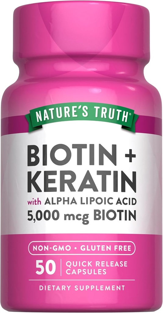 Nature's Truth Biotin 5000 mcg | 50 Capsules | Keratin ve Alfa Lipoic Acid | Non-GMO & Gluten Free Supplement Supplement Supplement