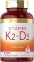 Carlyle Vitamin K2 D3 Supplement | 300 Softgels | 200 C2 MK7 & 10.000 IU D3 | Non-GMO, Gluten Free