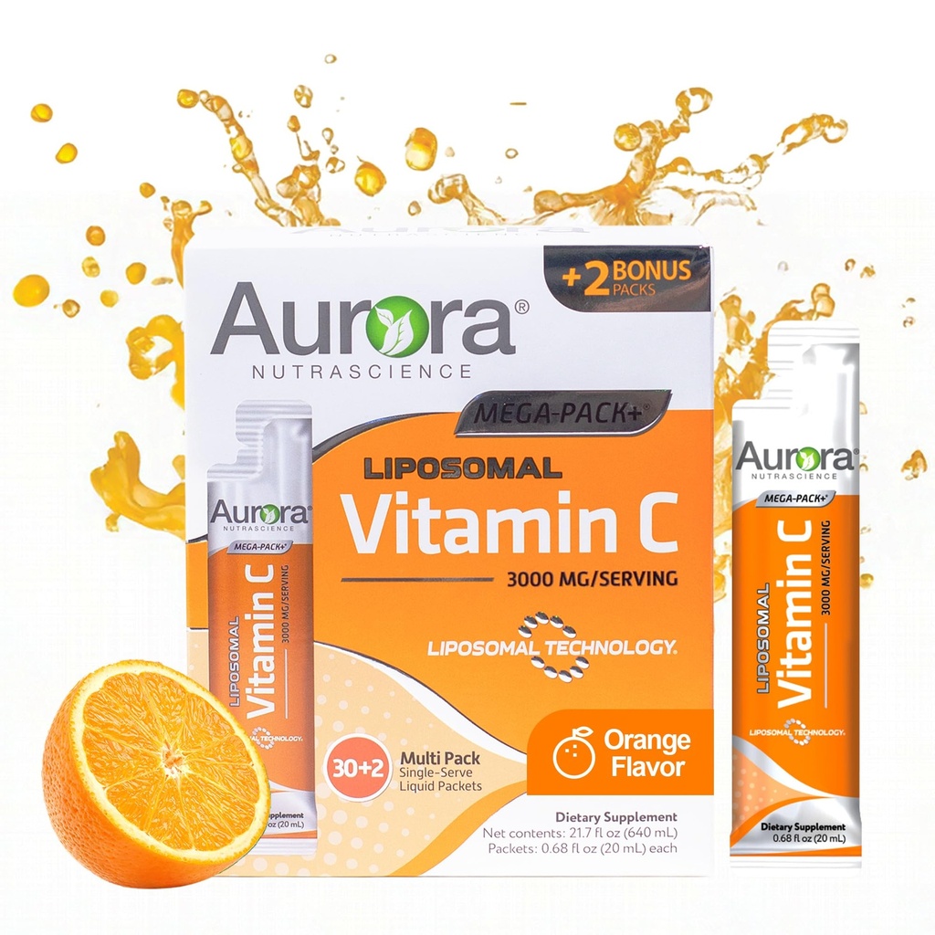 Vida Lifescience Aurora Nutrascience Mega-Pack Liposomal Vitamin C, Immune Support, hizmet başına 3.000 mg, Vegan, Gluten Free, Non-GMO, 32 Single Serve Packets, Orange