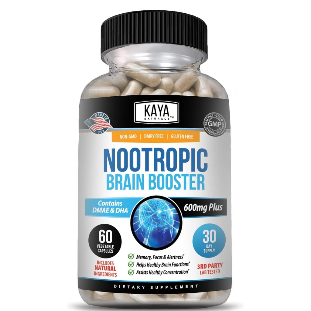 Kaya Naturals - Nootropic Brain Booster - για Μνήμη & Εστίαση - Συμπλήρωμα υποστήριξης εγκεφάλου - Εστίαση & Συγκέντρωση & Ακρίβεια μάθησης - Γνωστική λειτουργία - 60 κόμης