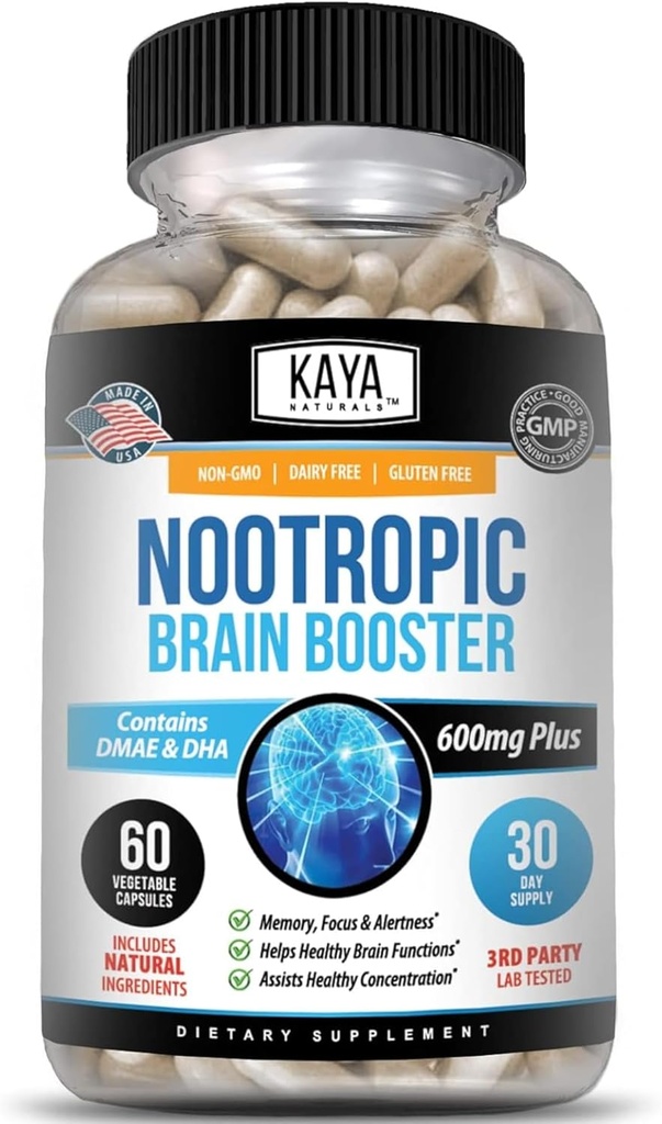 Kaya Naturals - Nootropic Brain Branson - Memory & Focus için - Beyin Desteği Tamam - Focus & Concentration & Learning Truth - Bilişsel Fonksiyonl - 60 Count Count