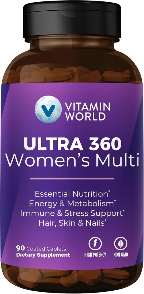 Βιταμίνη World Ultra 360 Πολυβιταμίνη για γυναίκες, Πολυβιταμίνη για γυναίκες με βότανα & κολλαγόνο για μαλλιά, δέρμα & νύχια, Συμπλήρωμα με σίδηρο, βιταμίνη Α, Β, C, D, Ε για την ενέργεια & ανοσοποιητική υποστήριξη, 90 Caplets