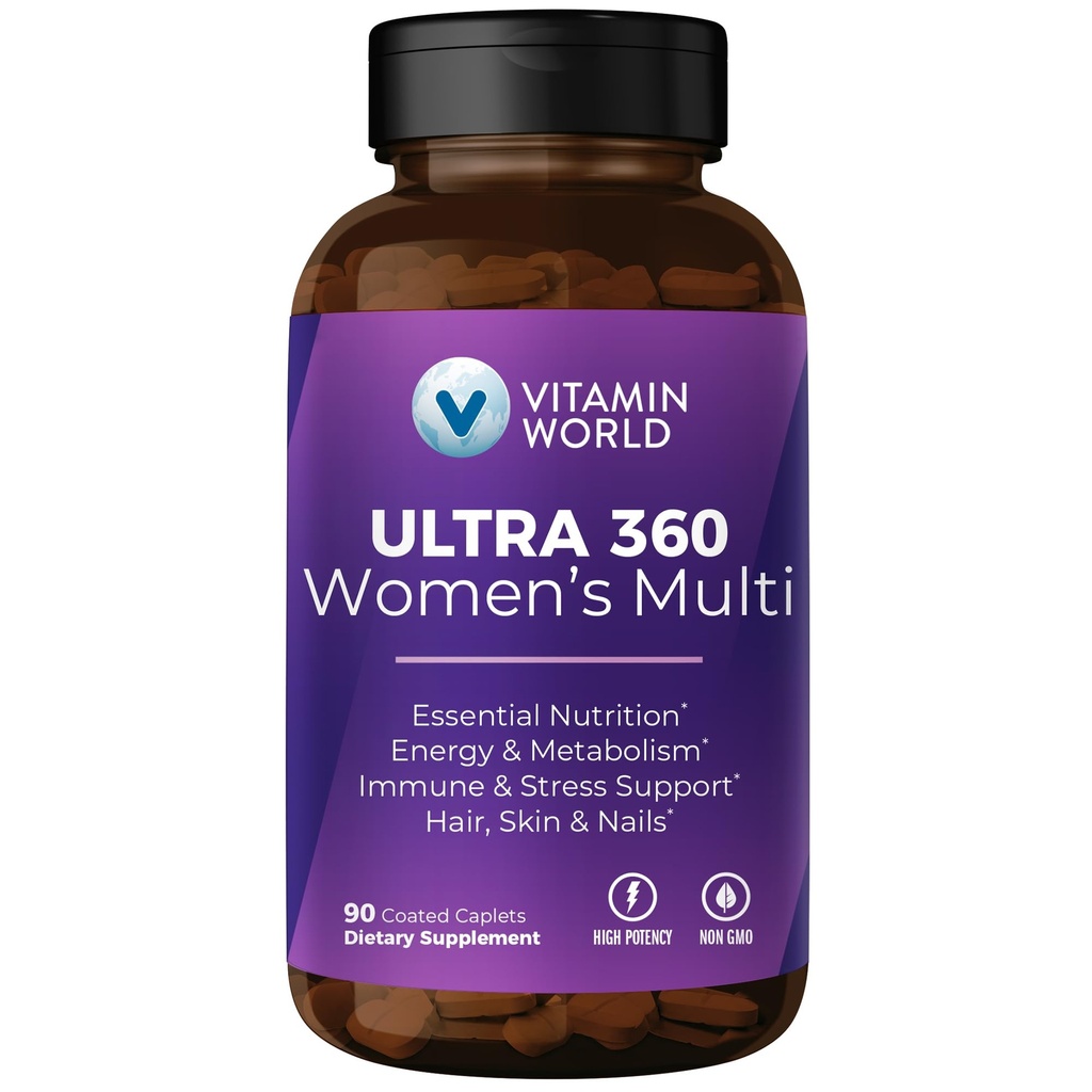 Kadınlar için Ultra 360 Multivitamin, Kadınlar ve Saçlar için Çokvitamin, Skin & Nails, Demir, Vitamin A, B, C, D, E for Energy & Immune Support, 90 Caplets & Collagen