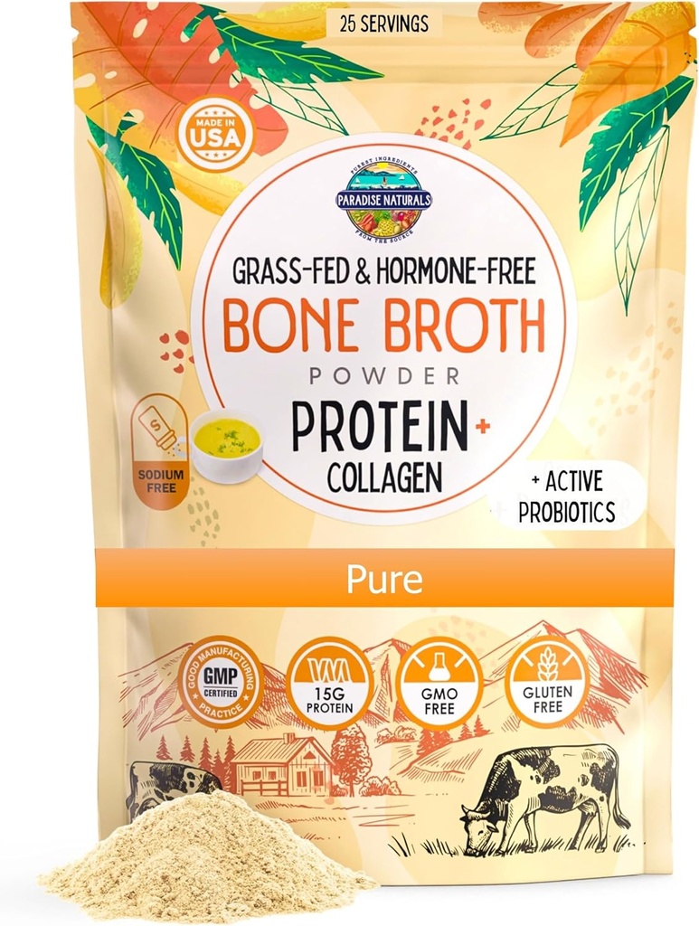 Paradise Naturals 100% Grass-Fed Organic Beef Bone Broth Toz, Active Probiyotiks, Collagen Peptide Rich 15g Protein, Non-GMO, Low sodyum, Sağlıklı Skin Saç Ortakları, Gut Health, Paleo, No Gluten