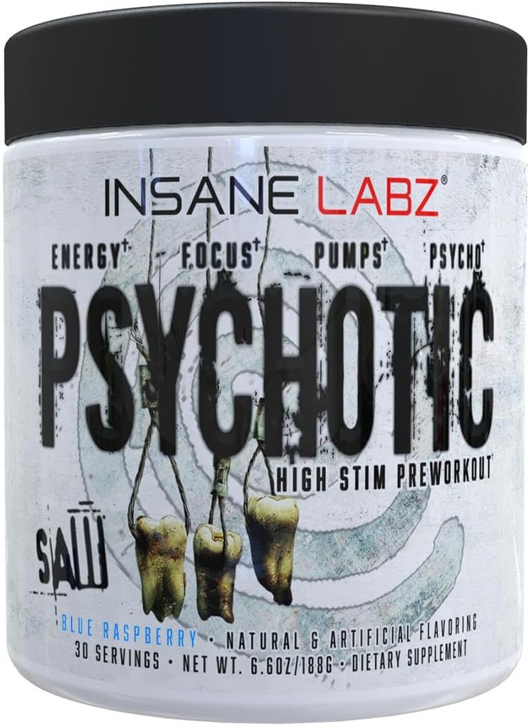 Insane Labz Psychotic SAW, High Stim Pre Workout Toz with OxyGold-TM and AMPiberry®,Extreme Lasting Energy with Teacrine®,Focus with CognitIQ® and Endurance (30 hizmetkar)