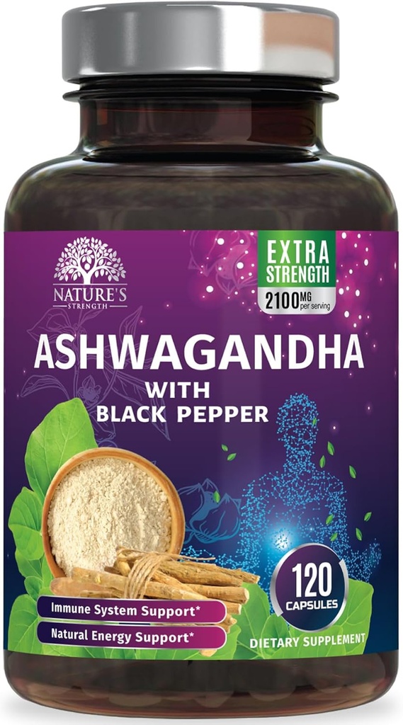 Ashwagandha Supplements 2100 mg - Ekstra Kuvvetli Ashwagandha Toz & Kök Üretimi Max Aborpsiyon için Siyah Pepper, Herbal Antioksi Supplements for Women & Men, Vegan, Non-GMO - 120 Capsules