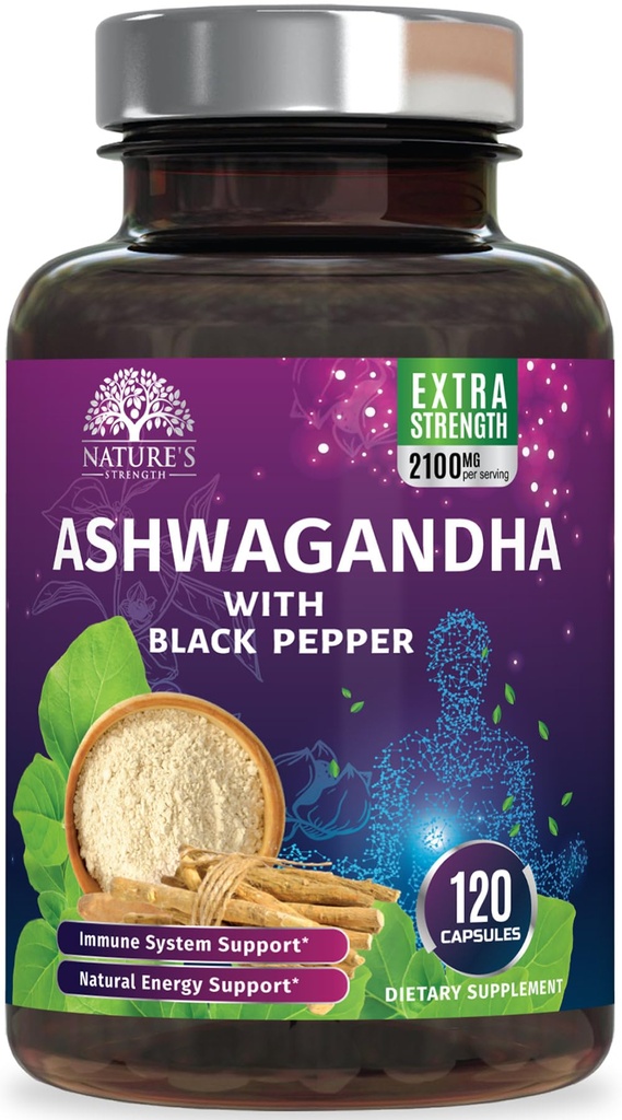 Ashwagandha Supplements 2100 mg - Ekstra Kuvvetli Ashwagandha Toz & Kök Üretimi Max Aborpsiyon için Siyah Pepper, Herbal Antioksi Supplements for Women & Men, Vegan, Non-GMO - 120 Capsules