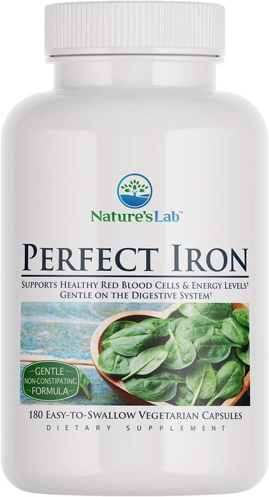 Nature's Lab Perfect Iron 25mg Dietary Supplement - Gentle Μη Συντηρητική Φόρμουλα - Υποστηρίζει υγιή κόκκινα αιμοσφαίρια & Ενεργειακά Επίπεδα - 180 Κάψουλες (6 Μήνες Προμήθεια)