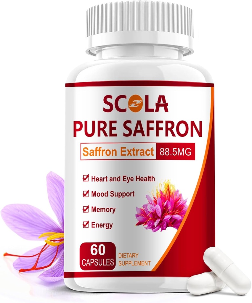 SCOLA Saffron Supplements, Pure 88.5mg Kadınlar ve Erkekler için Saffron Ekstraksiyon, Ortak Supplements, Vegan, Non-GMO, 60 Capsules