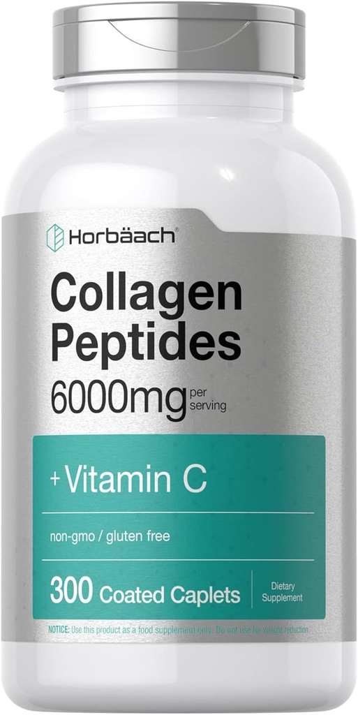 Horbäach Collagen 6000 6000 mg | 300 Caplet Pills | C | Hydrolyzed Collagen Supplement | Non-GMO, Gluten Free