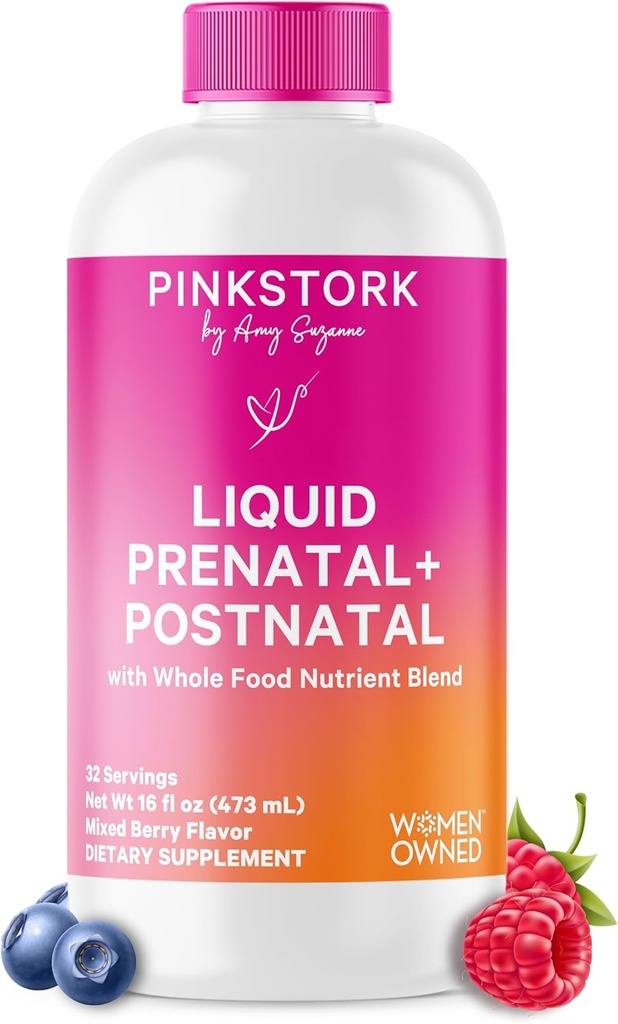 Pink Stork Liquid Προγεννητικές Βιταμίνες για γυναίκες - Berry Flavor - Βιολογικό Μείγμα Τροφίμων - Γονιμότητα, Εγκυμοσύνη, Επιλόχεια Απαραίτητα - Πρωινή Υποστήριξη Ασθένειας - Θηλασμός & Γαλουχία - 32 Υπηρεσίες
