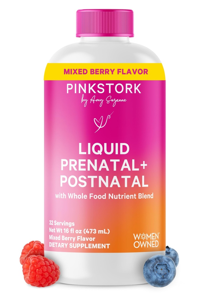 Pink Stork Liquid Prenatal Vitaminler Kadınlar için - Berry Flavor - Organik Gıda Ölçeği - Fertness, Hamile, Postpartum Essentials - Sabah Hastalığı Desteği - Emzirme & Lactation - 32 Hizmet