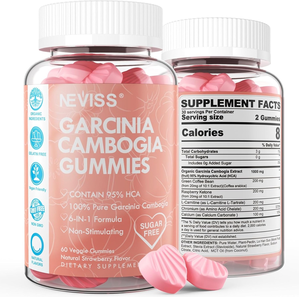 Sugar Free Garcinia Cambogia Gummies 1000mg% 95 HCA Pure Extract with L-Carnitine, Raspberry Keton, Chromium, Green Coffee Bean for Metabolism, 100% Organik Ekstraksiyon, Vegan, Strawberry Flavor 60 Cts