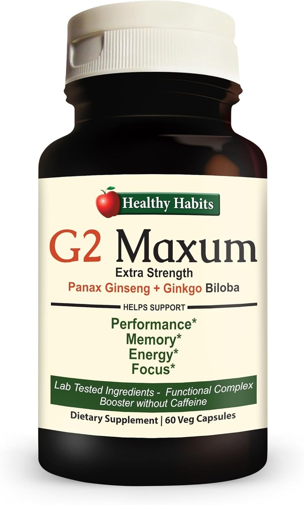 Υγιεινές συνήθειες G2 Maxum επιπλέον δύναμη Panax Ginseng Plus Ginkgo Biloba αναμειγνύεται για την υποστήριξη της ενέργειας και γνωστική λειτουργία 60 κάψουλες Veg ανά φιάλη