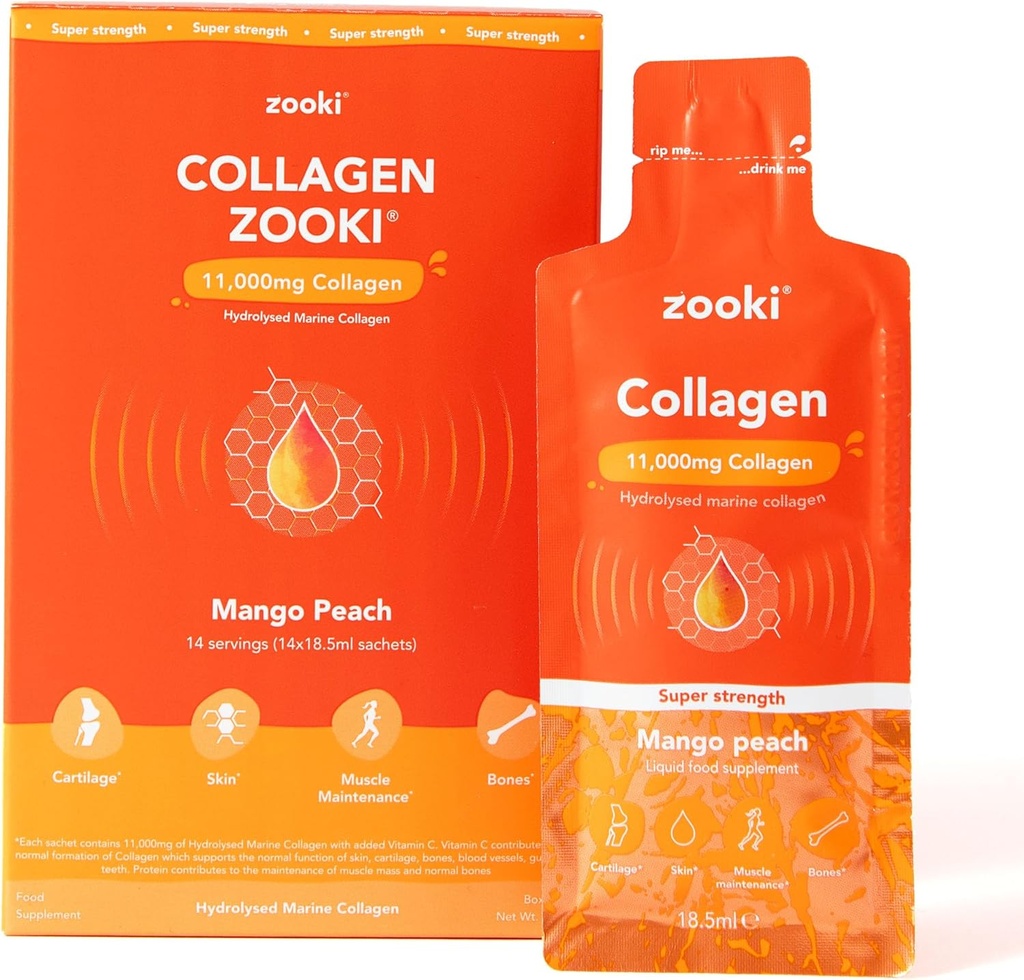 Zooki Super Strength Marine Collagen Liquid Sachets 11.000mg – Great Taste, Sugar Free – Highest Strength Marine Collagen Συμπληρώματα για γυναίκες & άνδρες – Δέρμα, αρθρώσεις & μαλλιά (Mango Peach, 14 εξυπηρετούν)