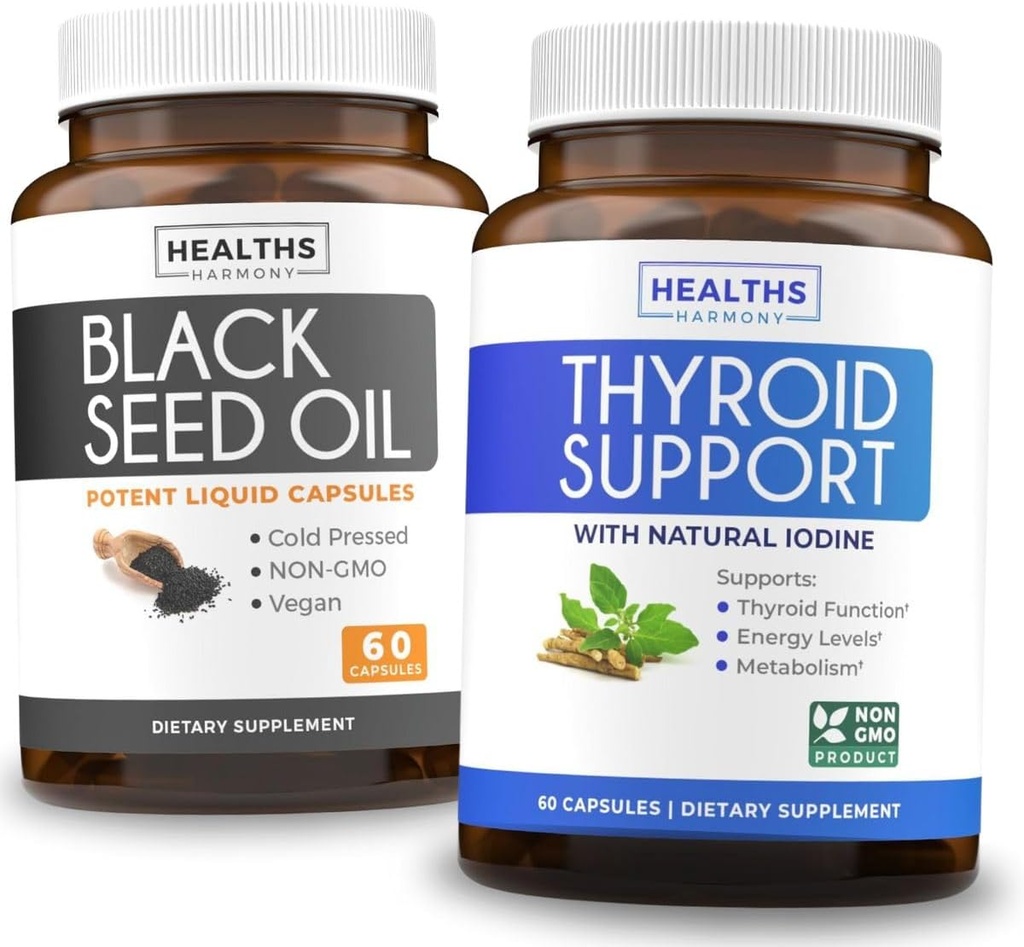 Tiroid Desteği ve Siyah Tohum Yağı (1-Month Supply) Black Seed Yourroid Boost - Tiroid Desteği (60 Capsules) Health Supplement & Black Seed Oil (60 Capsules) Cold-Pressed Nigella Sativa - Non-GMO