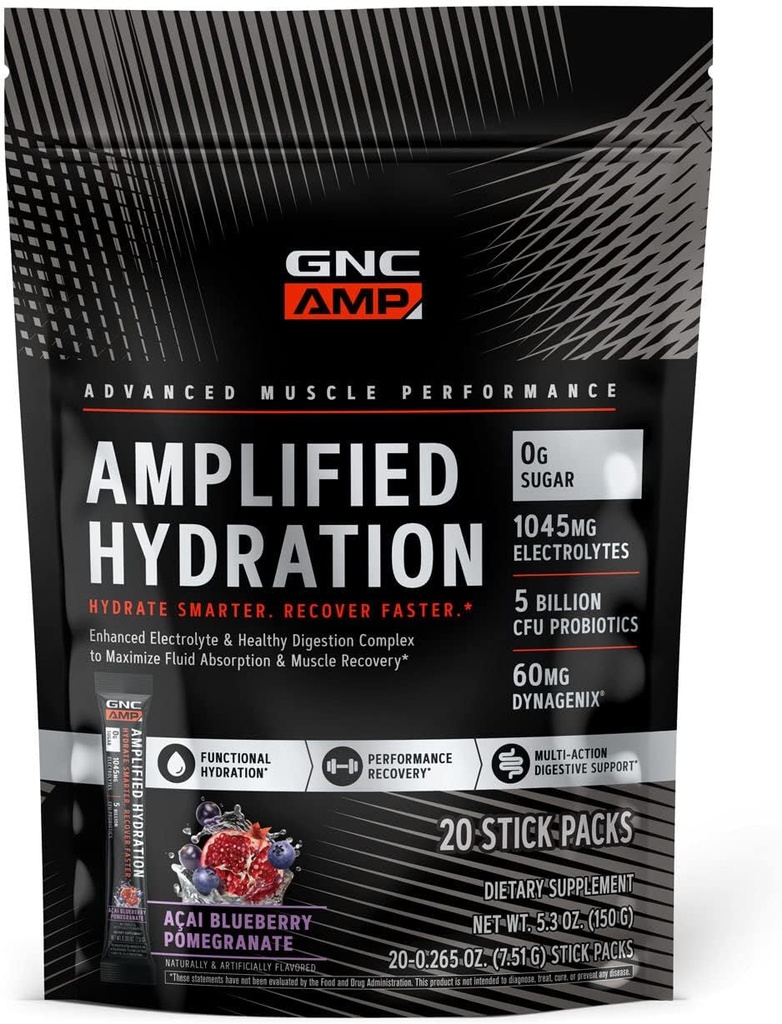 GNC AMP Güvenilirleştirilmiş Hydration Electrolyte Toz İçecek Mix | Gelişmiş Elektrolyte & Sağlıklı Digestion Kompleks | Acai Blueberry Pomegranate | 20 Kont