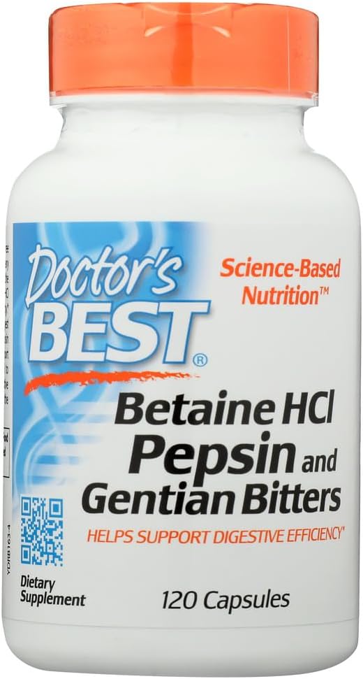 Doctors Best Betaine HCL Pepsin and Gentian Bitters, Gluten Free, 120 Capsules (Pack of 1)