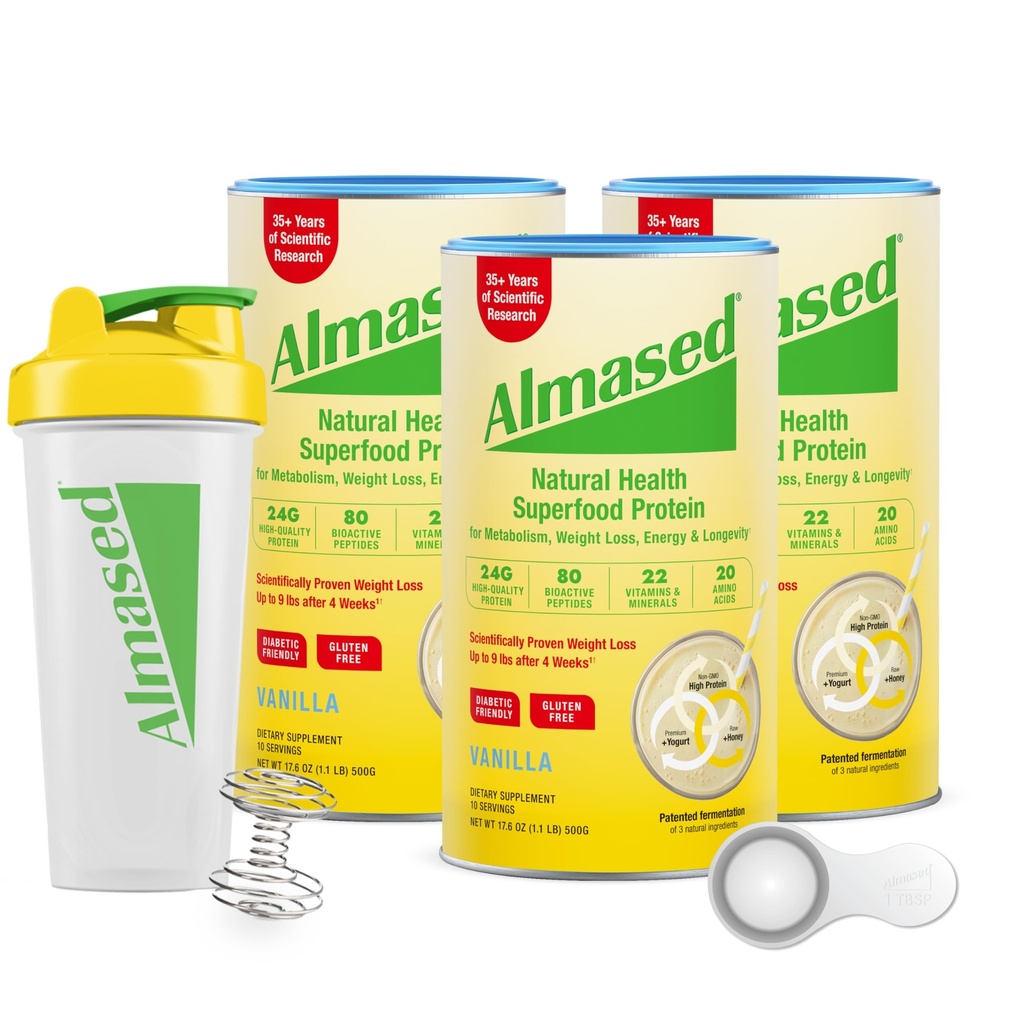 Almased Protein Powder, συμπλήρωμα υποστήριξης διατροφής GLP-1, Αντικατάσταση γεύματος Ανακινήστε για απώλεια βάρους, υψηλή πρωτεΐνη, πλήρη διατροφή (Vanilla Flavor, 3 Cans @ 17,6 oz ea + shack + 700ml Shaker μπουκάλι