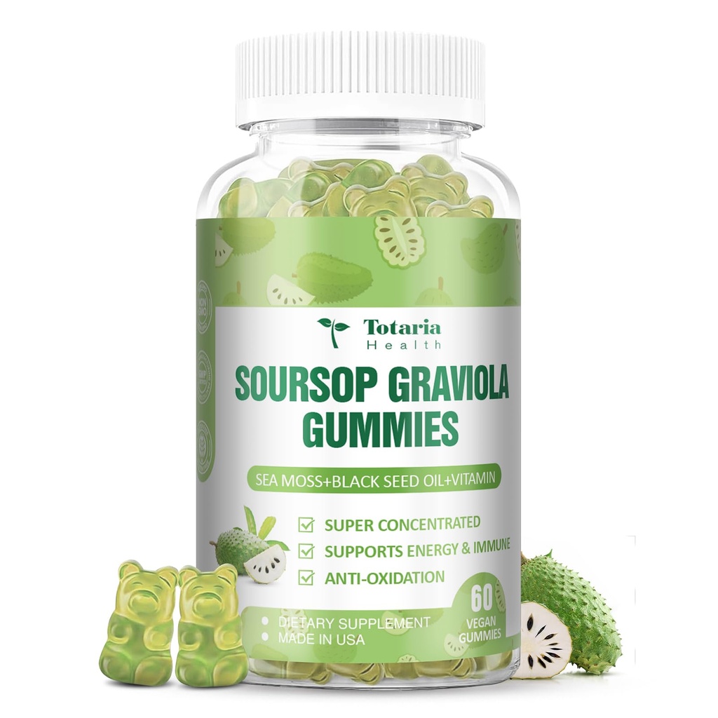 Totaria Sugar Free Soursop Oil Graviola Sea Moss Gummies - Support Digestive Sleep Skin Health, Immunity & Antioxy - Guanabana Fruit with Sea Moss, 150mg Black Seed Oil Organic Non-GMO Vegan