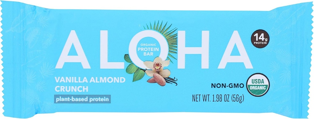 Aloha Organik Vanilla Almond Crunch protein Bars, 14g Plant-Based Protein, USDA sertifikalı Organik, Gluten Free & Non-GMO, 1.9 Oz ( 12. paketi)