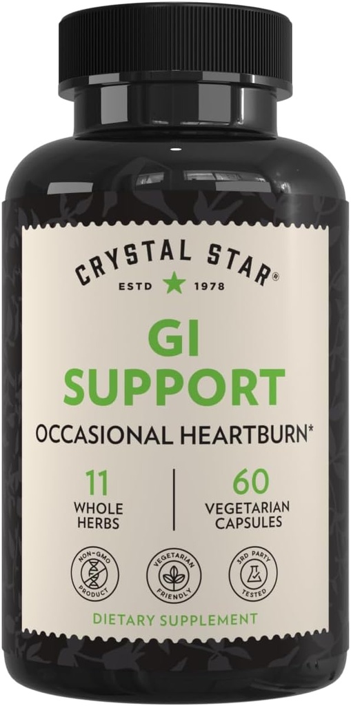 Crystal Star GI Support Supplement (60 Capsules) – Herbal Gut Health Supplement O kadarothes Occasional Heartburn ve Destekler Asit Reflux – Ginger, Terpery Elm Bark & Betaine HCL – Non-GMOMO