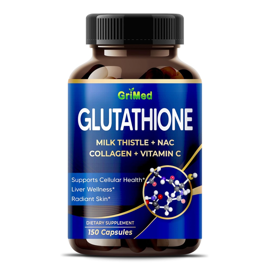 GriMed Glutathione 11,200mg - X10 Power with Milk Thistle, NAC, Collagen, Vitamin C - Cellular Wellness, Radiant Skin (150 Count (Pack of 1))