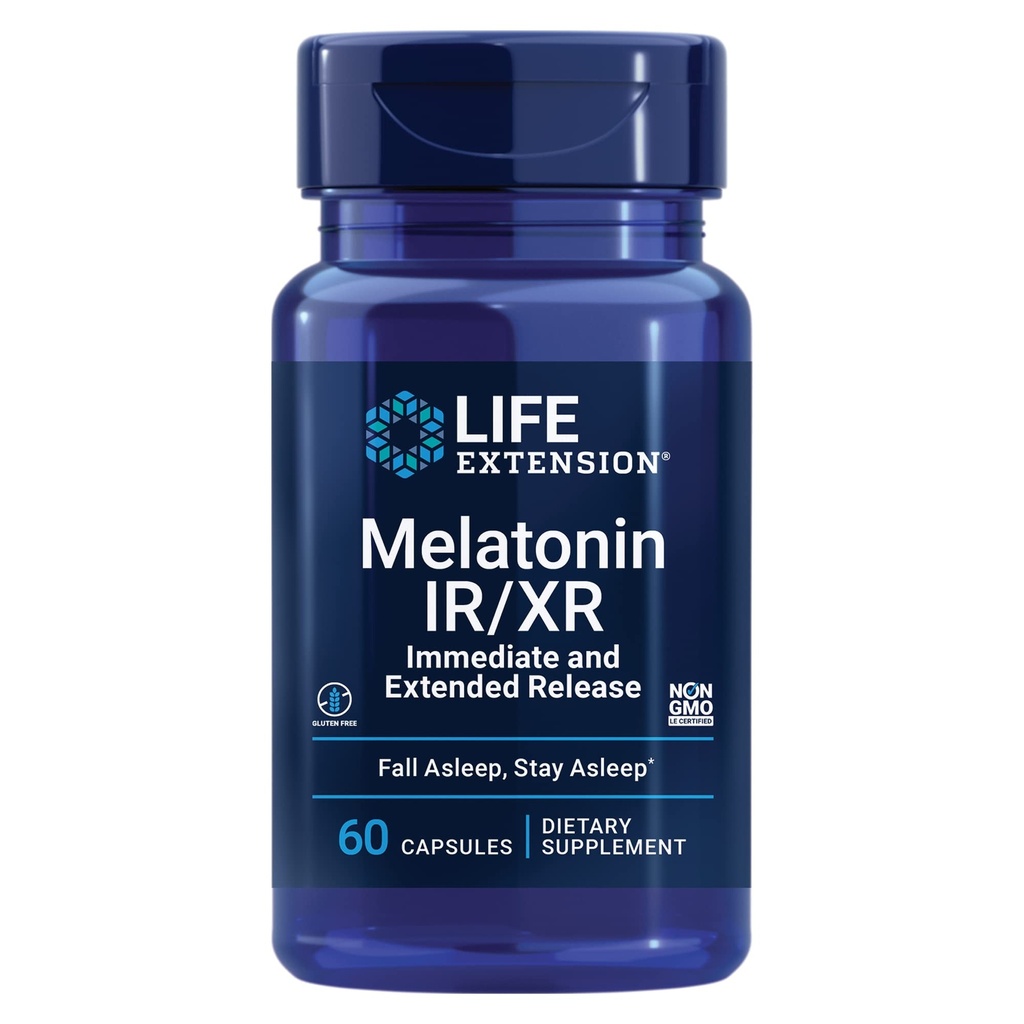 Επέκταση ζωής Μελατονίνη IR/XR, 1, 5 mg, άμεση και εκτεταμένη-απέλαση Φόρμουλα για Βέλτιστη Υποστήριξη Ύπνου, Υγιή κιρκάδινοι Ρυθμοί, Κυτταρική Άμυνα, Χωρίς Γλουτένη, Μη ΓΤΟ, 60 κάψουλες