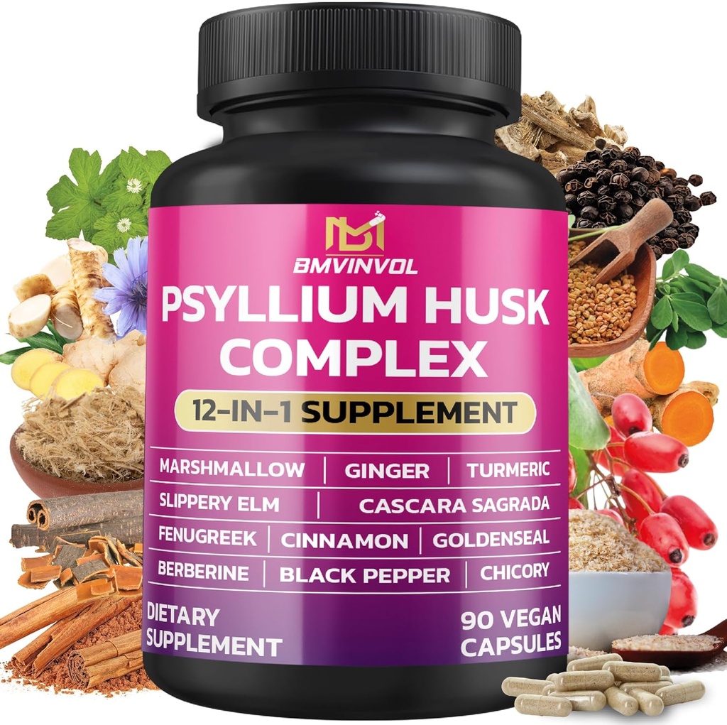 BMVINVOL Psyllium Husk, Terpery Elm, Cascara Sagrada, Fenugreek, Berberine, Cinnamon, Turmeric + 5 Mores - Immune Support & Digestive Health Supplement - 90 Capsules