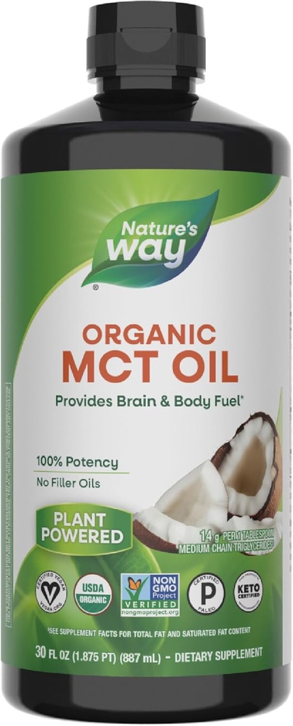 Nature's Way Organic MCT Oil, 30 Fl Oz, Brain and Body Fuel from Coconuts*, C8 Caprylic Acid ve C10 Capric Acid, Chem ve Paleo sertifikalı, Organik, Non-GMO Projesi Doğrulandı