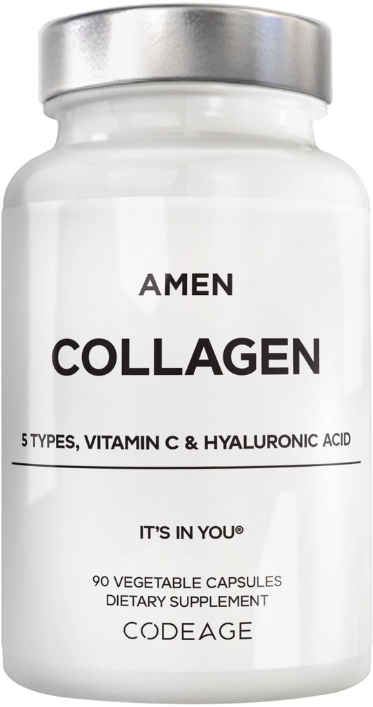 Amen Multi Collagen Capsule Capsules with Hyaluronic Acid and Vitamin C - 5 Collagen protein Type I, II, III, V, X - Grass Fed Hidrolyzed - 18 Pills - Collagen Supplement - 90 Pills