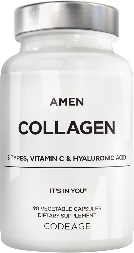 Amen Multi Collagen Peptides Κάψουλες με Υαλουρονικό Οξύ και Βιταμίνη C - 5 Τύποι Collagen Protein Type I, II, III, V, X - Grass Fed Hydrolyzed - 18 Amino Acids - Collagen Supplement - 90 Pills