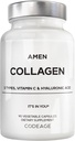 Amen Multi Collagen Peptides Κάψουλες με Υαλουρονικό Οξύ και Βιταμίνη C - 5 Τύποι Collagen Protein Type I, II, III, V, X - Grass Fed Hydrolyzed - 18 Amino Acids - Collagen Supplement - 90 Pills