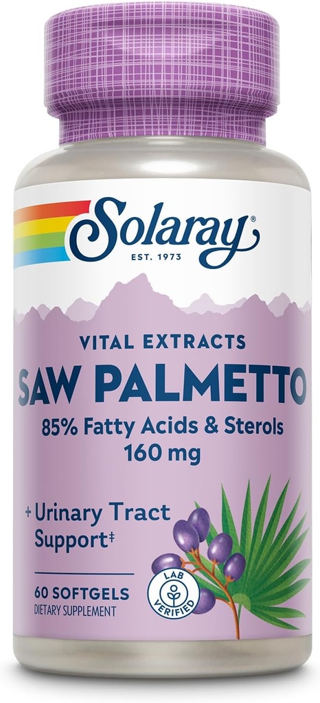 SOLARAY Saw Palmetto Extract - Prostate Health and Urinary Tract Support - 136 mg Fatty Acids and Sterols - Lab TY, 60 Günlük Para Garanti (60 Hizmet, 60 Softgels)
