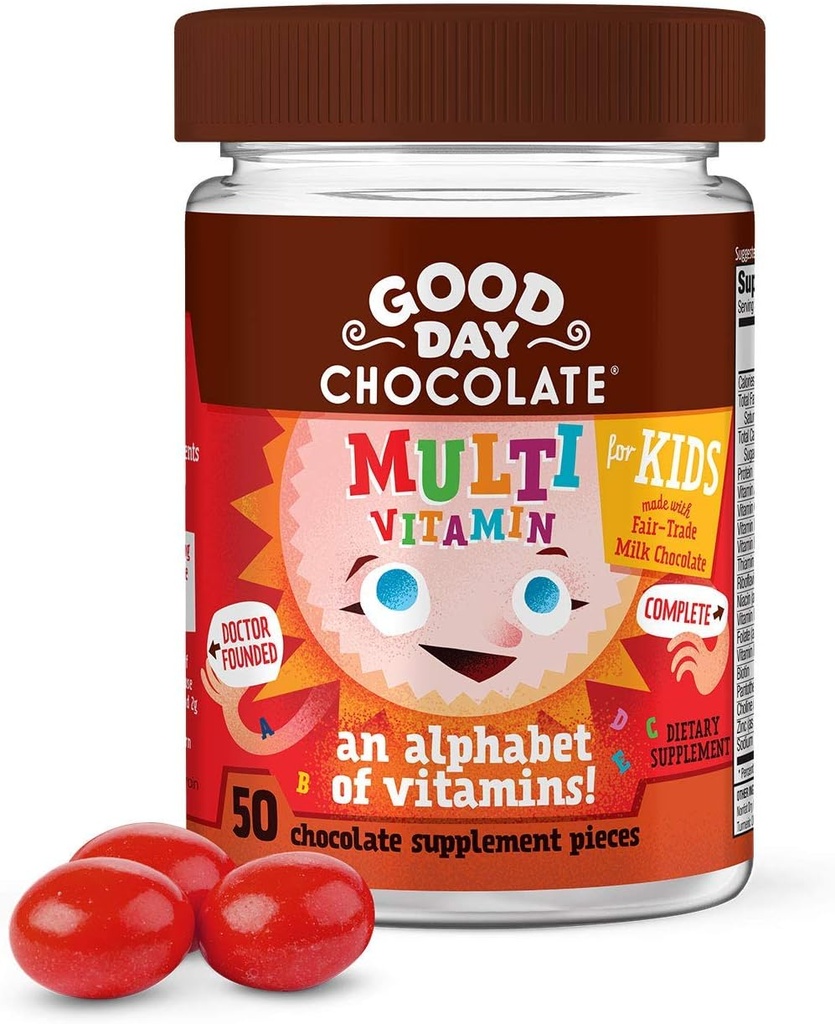İyi Gün Çikolatası Çocuklar için Çokvitamin, Günlük Vitaminler A, B6, B12, C, D, E, Folate ve Biotin, Fair Trade and Non-GMO Chocolate, 50 Pieces