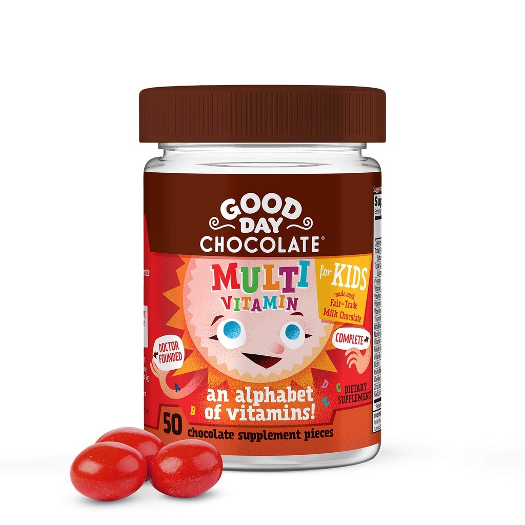 İyi Gün Çikolatası Çocuklar için Çokvitamin, Günlük Vitaminler A, B6, B12, C, D, E, Folate ve Biotin, Fair Trade and Non-GMO Chocolate, 50 Pieces