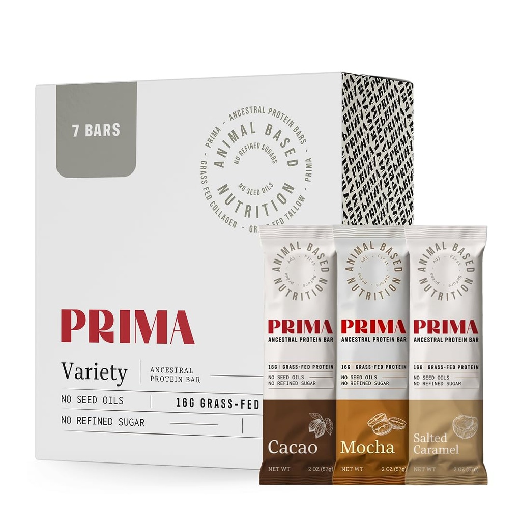 PRIMA ANCESTRAL PROTEIN BAR Grass Fed protein Bars, 7 Pack – Animal-Based Protein Bar with Beef Tallow, Raw Honey, Seed Oil Free, Low Carb, Gluten-Free - Sağlıklı, Enerji Snacks for Clean Lifestyle (7 Paket, Çeşitli Paket)
